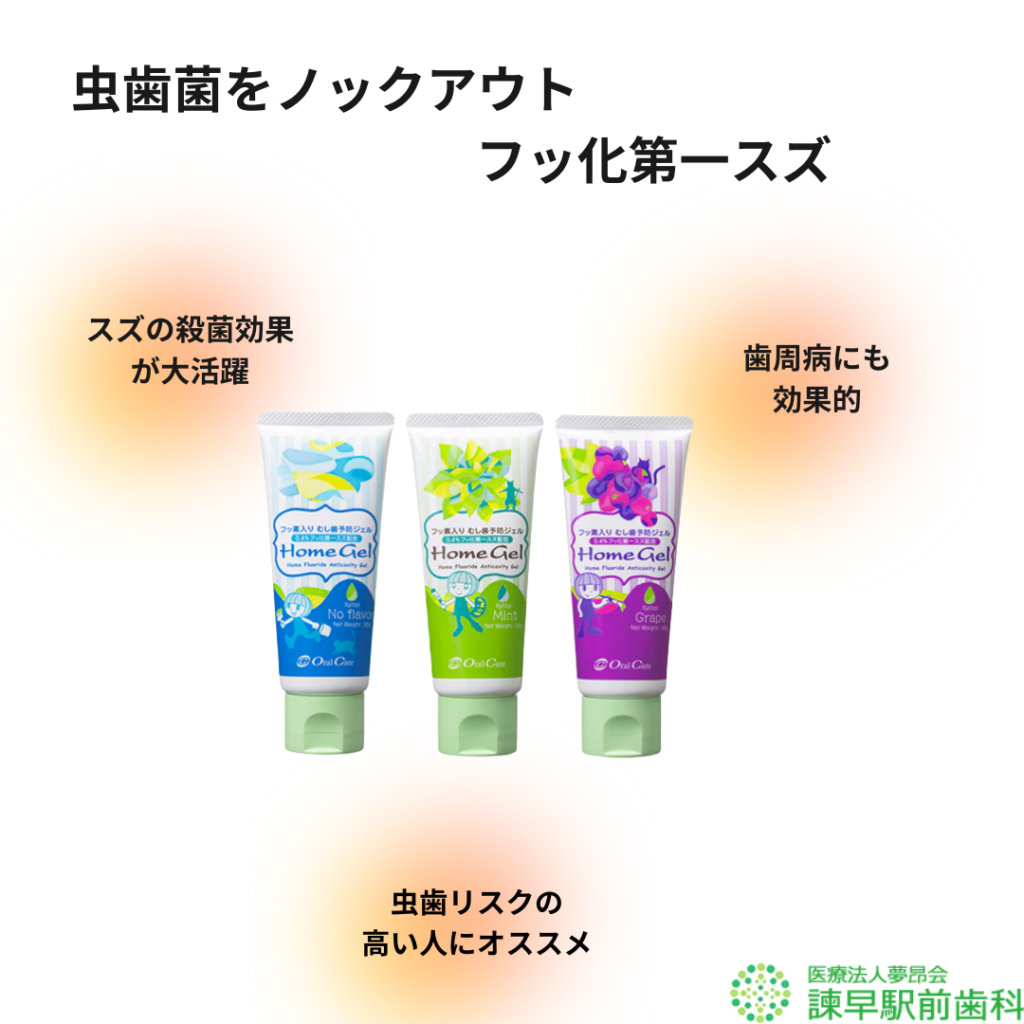 虫歯予防に効果的なフッ化第一スズを含む歯磨き粉ホームジェルを紹介した画像